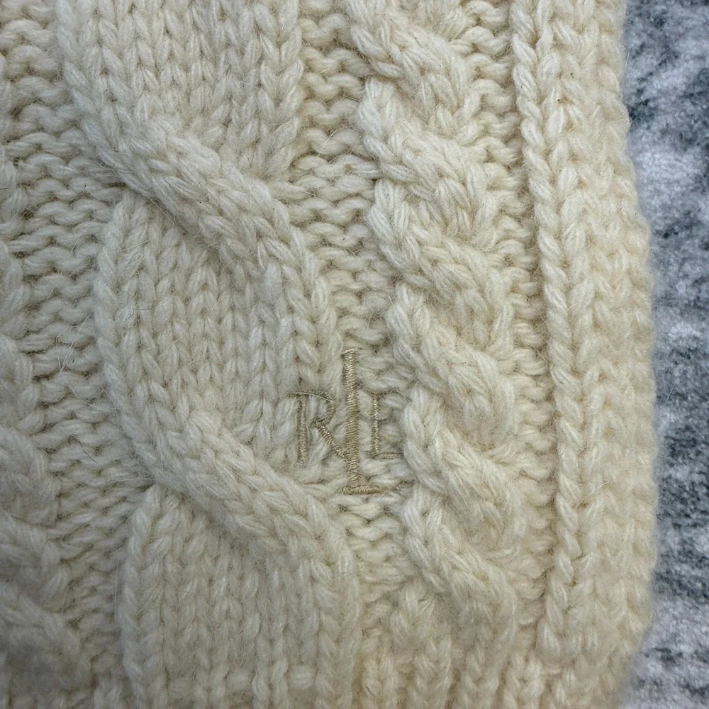 VTG Ralph Lauren Cable Knit Scarf Cream Fisherman Wool Angora Old Money Layer